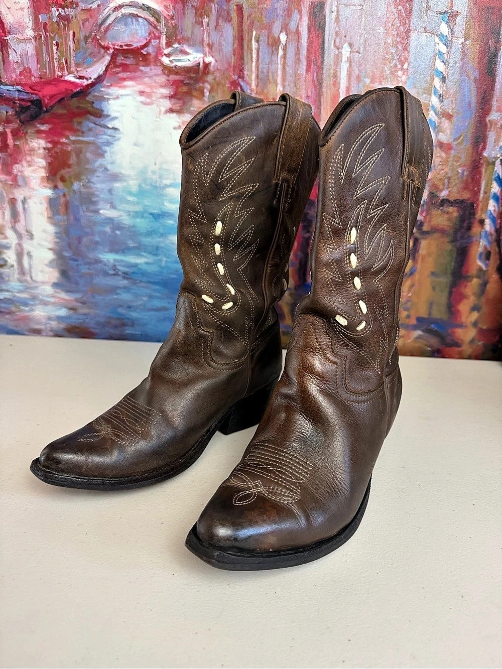 Jeffrey Campbell Frontier Brown Leather Embroidered Western Cowboy Boots US 8